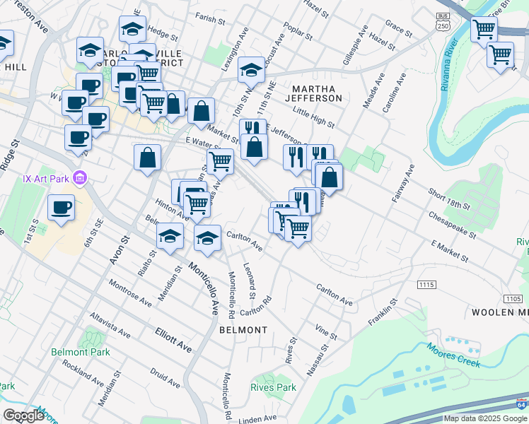 map of restaurants, bars, coffee shops, grocery stores, and more near 1101 Cherry Street in Charlottesville