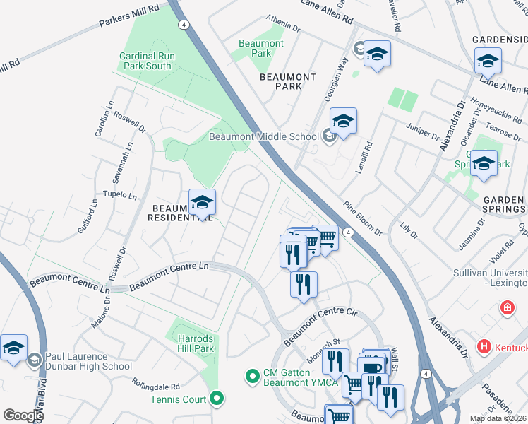 map of restaurants, bars, coffee shops, grocery stores, and more near 2116 Allegheny Way in Lexington