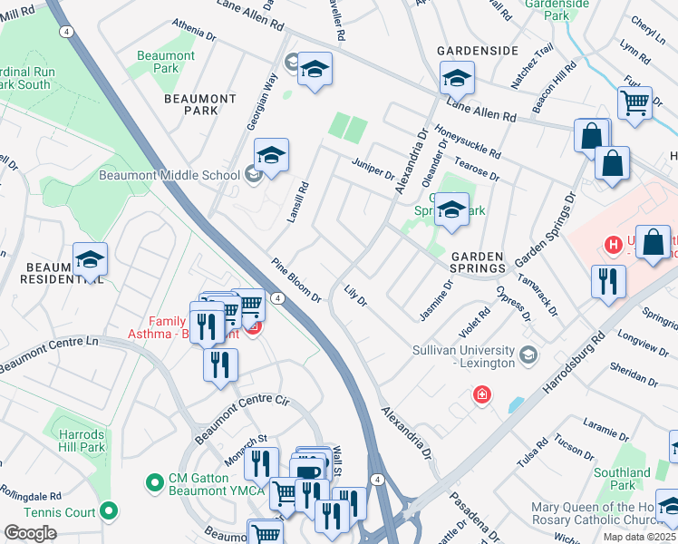 map of restaurants, bars, coffee shops, grocery stores, and more near 2147 Alexandria Drive in Lexington