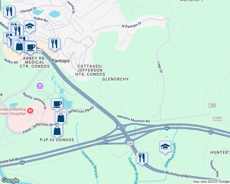 map of restaurants, bars, coffee shops, grocery stores, and more near 105 East Haven Court in Charlottesville