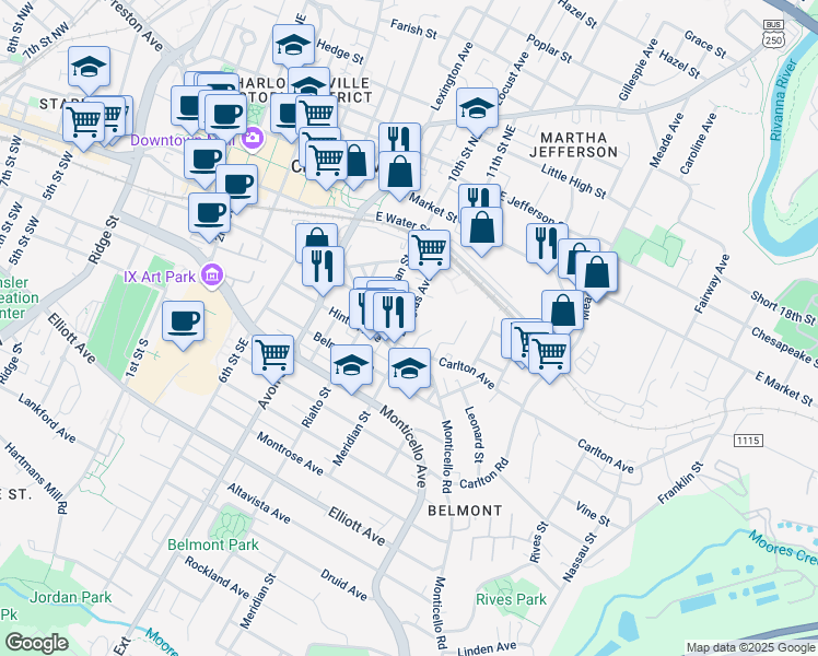map of restaurants, bars, coffee shops, grocery stores, and more near 222 Douglas Avenue in Charlottesville