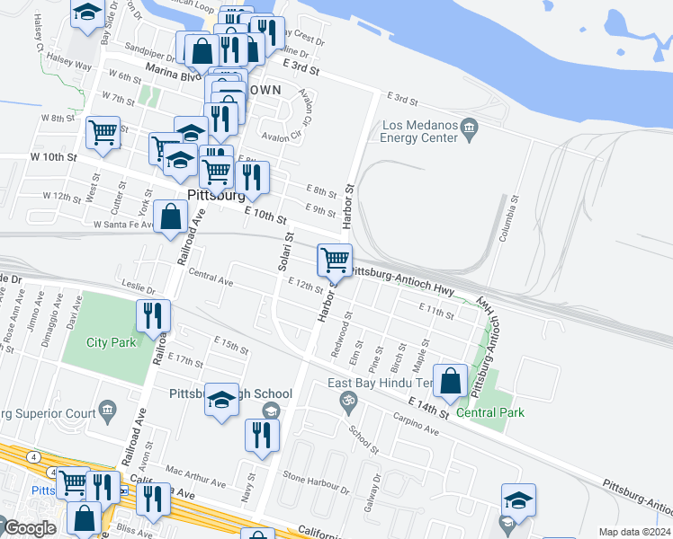 map of restaurants, bars, coffee shops, grocery stores, and more near Harbor Street & East Santa Fe Avenue in Pittsburg