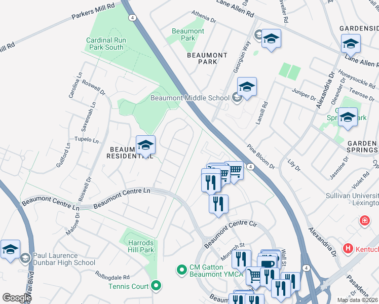 map of restaurants, bars, coffee shops, grocery stores, and more near 2116 Allegheny Way in Lexington