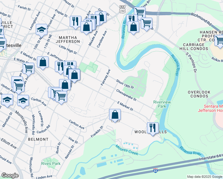 map of restaurants, bars, coffee shops, grocery stores, and more near 1416 Chesapeake Street in Charlottesville