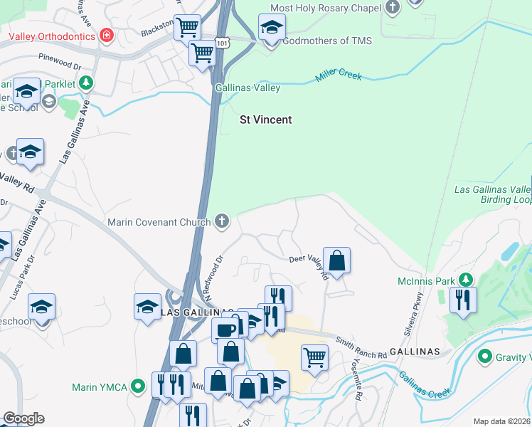 map of restaurants, bars, coffee shops, grocery stores, and more near 100 Deer Valley Road in San Rafael