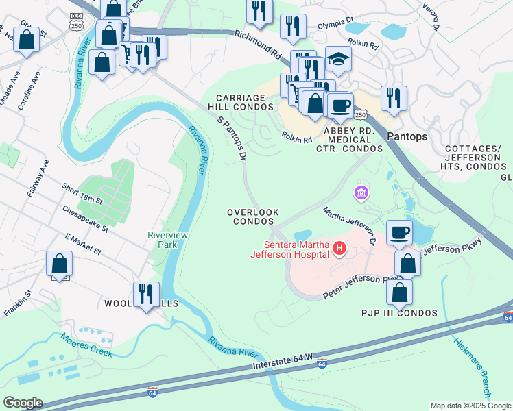 map of restaurants, bars, coffee shops, grocery stores, and more near 320 Overlook Place in Charlottesville