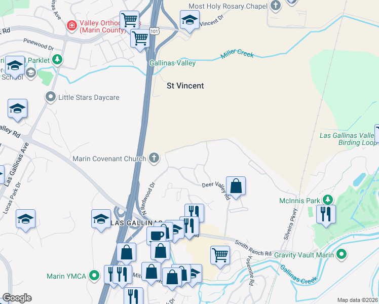 map of restaurants, bars, coffee shops, grocery stores, and more near 767 Deer Valley Road in San Rafael