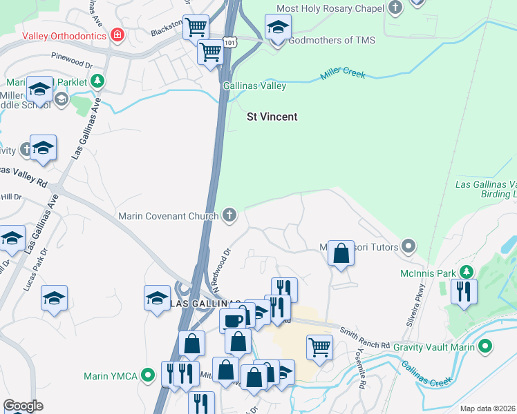 map of restaurants, bars, coffee shops, grocery stores, and more near 100 Deer Valley Road in San Rafael