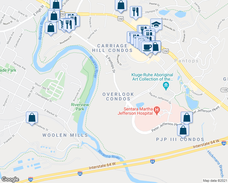 map of restaurants, bars, coffee shops, grocery stores, and more near 320-358 Overlook Place in Charlottesville