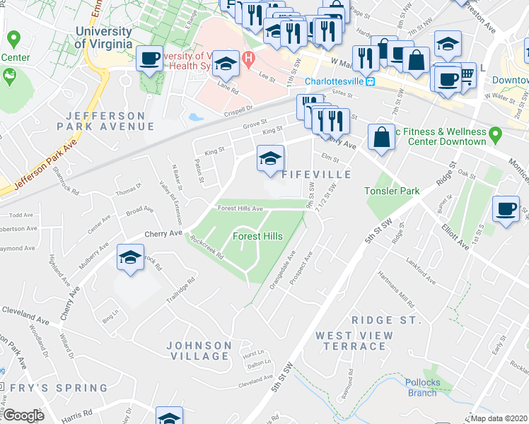 map of restaurants, bars, coffee shops, grocery stores, and more near 1401 Forest Ridge Road in Charlottesville