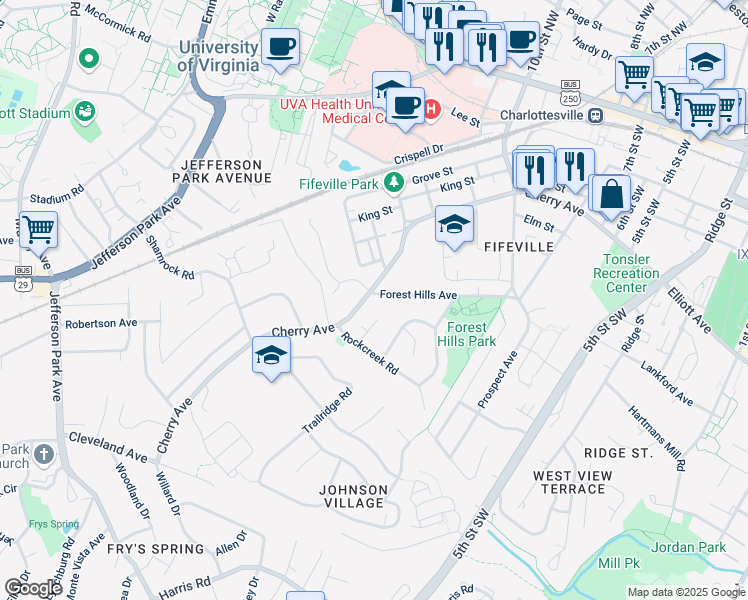 map of restaurants, bars, coffee shops, grocery stores, and more near 108 Laurel Circle in Charlottesville