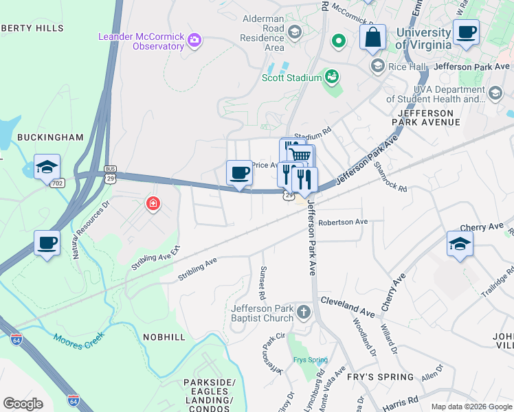 map of restaurants, bars, coffee shops, grocery stores, and more near 109 Piedmont Avenue South in Charlottesville
