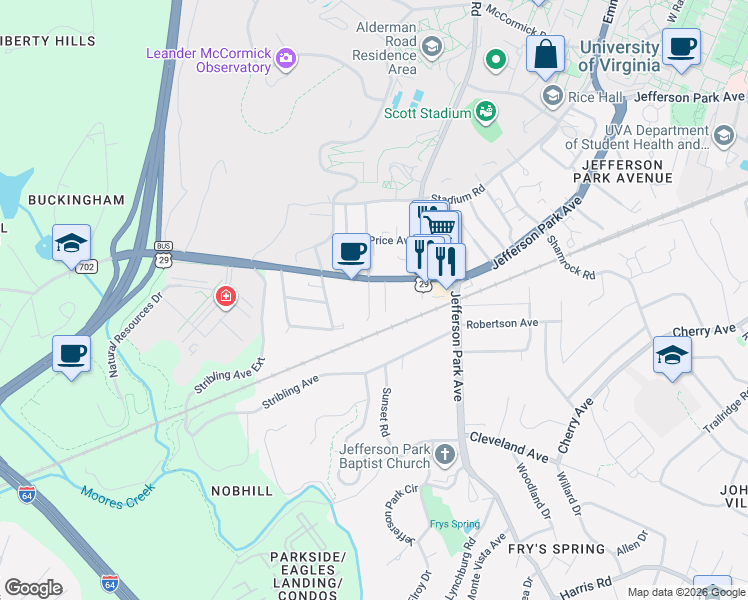 map of restaurants, bars, coffee shops, grocery stores, and more near 109 Piedmont Avenue South in Charlottesville