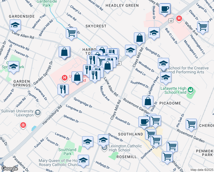 map of restaurants, bars, coffee shops, grocery stores, and more near 618 Lane Allen Road in Lexington