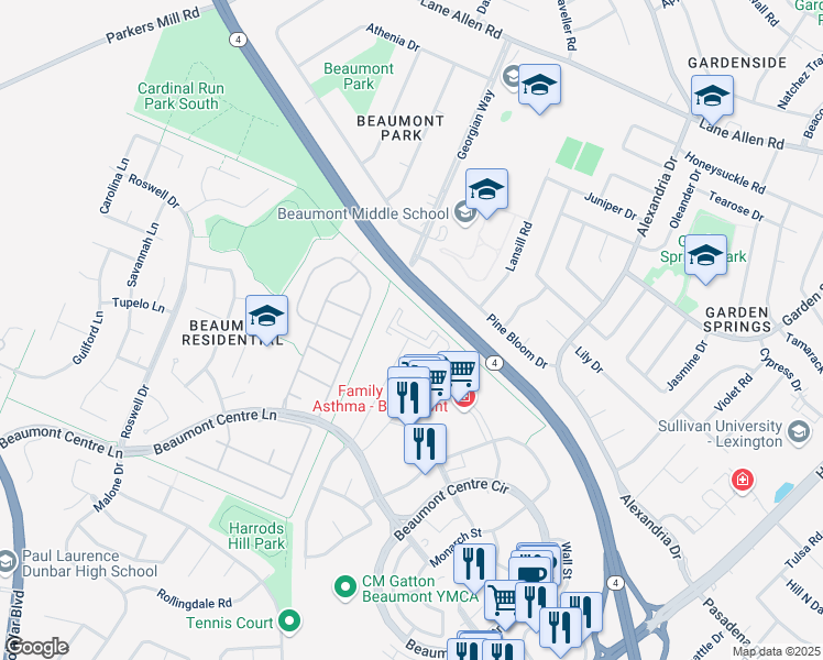 map of restaurants, bars, coffee shops, grocery stores, and more near 1125 Beaumont Centre Lane in Lexington