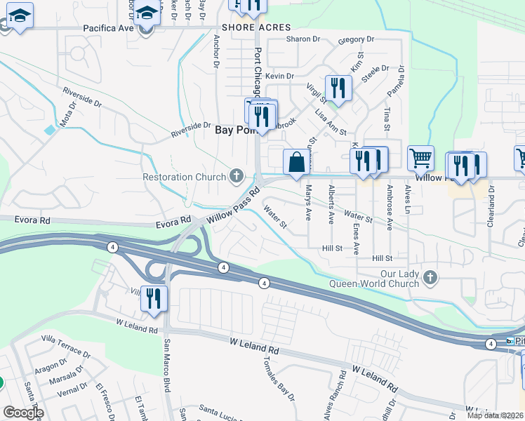 map of restaurants, bars, coffee shops, grocery stores, and more near 58 Water Street in Bay Point