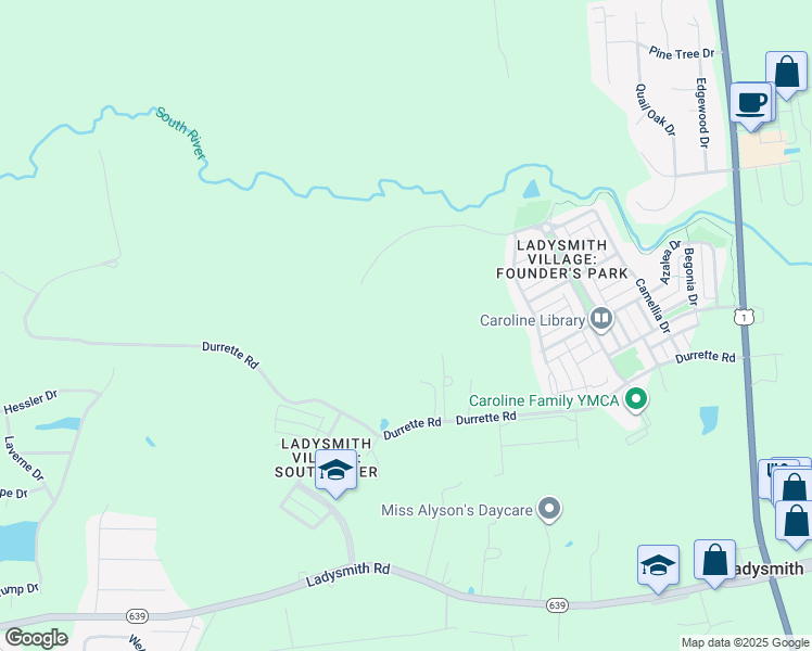 map of restaurants, bars, coffee shops, grocery stores, and more near 6503 Durrette Road in Ruther Glen