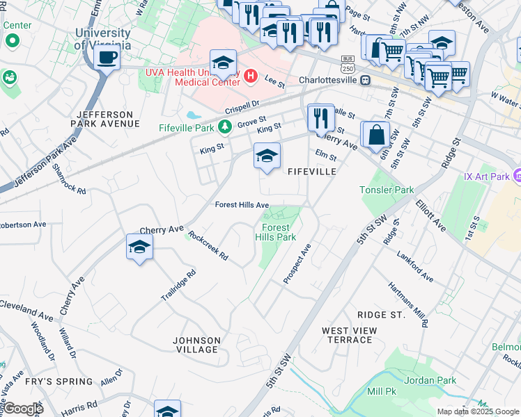 map of restaurants, bars, coffee shops, grocery stores, and more near 1401 Forest Ridge Road in Charlottesville