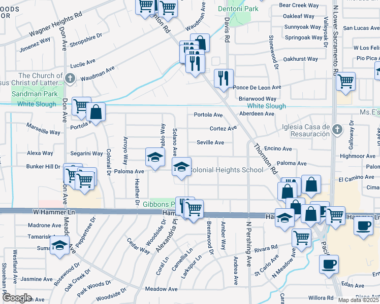 map of restaurants, bars, coffee shops, grocery stores, and more near 8308 Balboa Avenue in Stockton