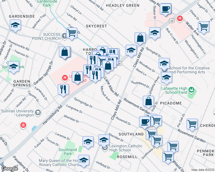 map of restaurants, bars, coffee shops, grocery stores, and more near 618 Lane Allen Road in Lexington