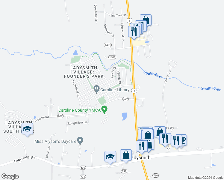 map of restaurants, bars, coffee shops, grocery stores, and more near 7262 Clara Smith Street in Ruther Glen