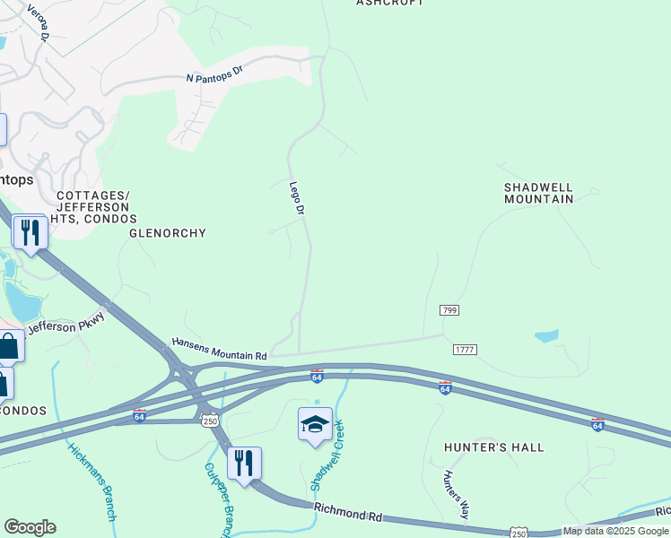 map of restaurants, bars, coffee shops, grocery stores, and more near 123 Lego Drive in Charlottesville