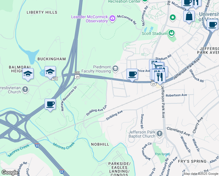 map of restaurants, bars, coffee shops, grocery stores, and more near 115 Westerly Avenue in Charlottesville