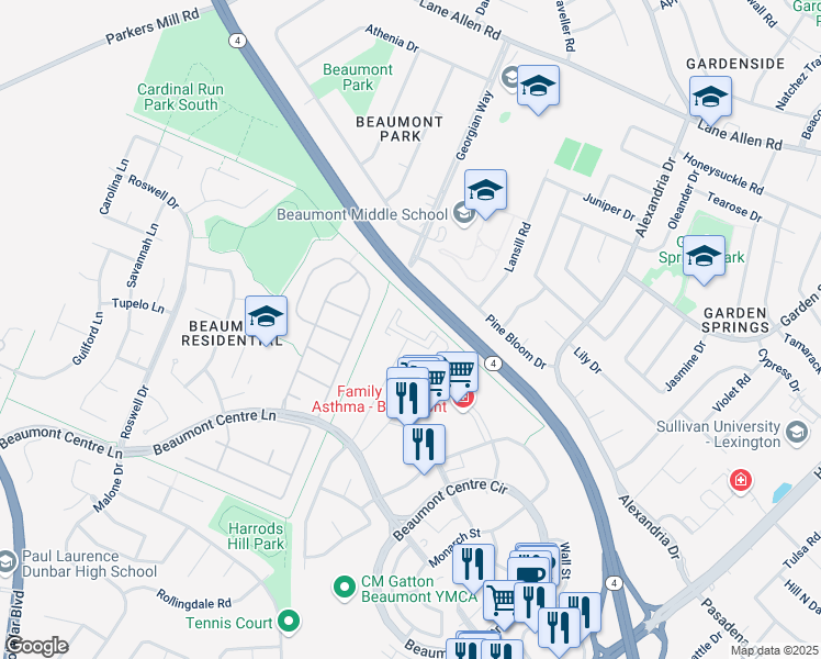 map of restaurants, bars, coffee shops, grocery stores, and more near 1125 Beaumont Centre Lane in Lexington