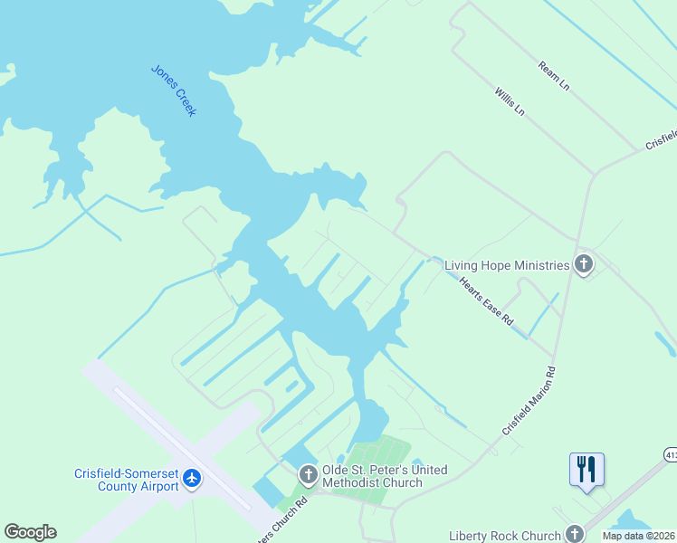 map of restaurants, bars, coffee shops, grocery stores, and more near 5188 Debra Road in Crisfield
