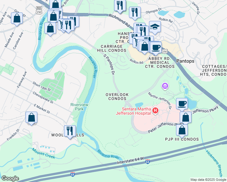 map of restaurants, bars, coffee shops, grocery stores, and more near 320-358 Overlook Place in Charlottesville