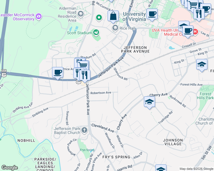 map of restaurants, bars, coffee shops, grocery stores, and more near 2200 Hill Street in Charlottesville