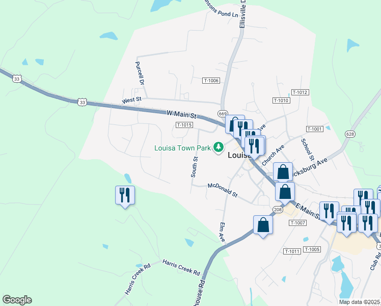 map of restaurants, bars, coffee shops, grocery stores, and more near 126 South Street in Louisa