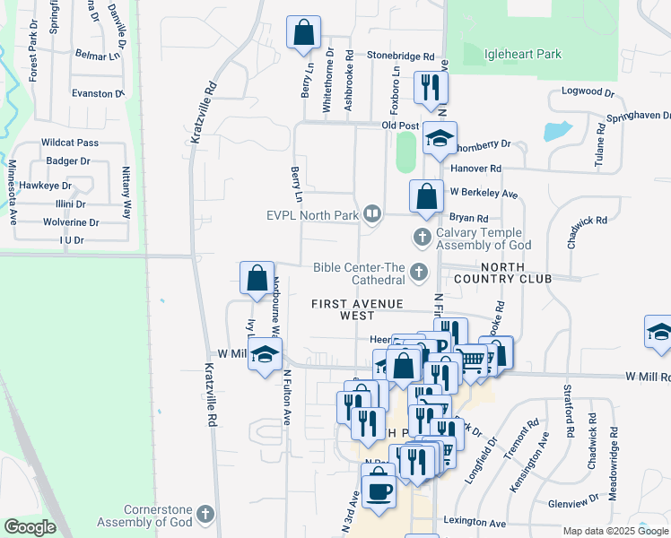 map of restaurants, bars, coffee shops, grocery stores, and more near 1000 Cross Gate Drive in Evansville