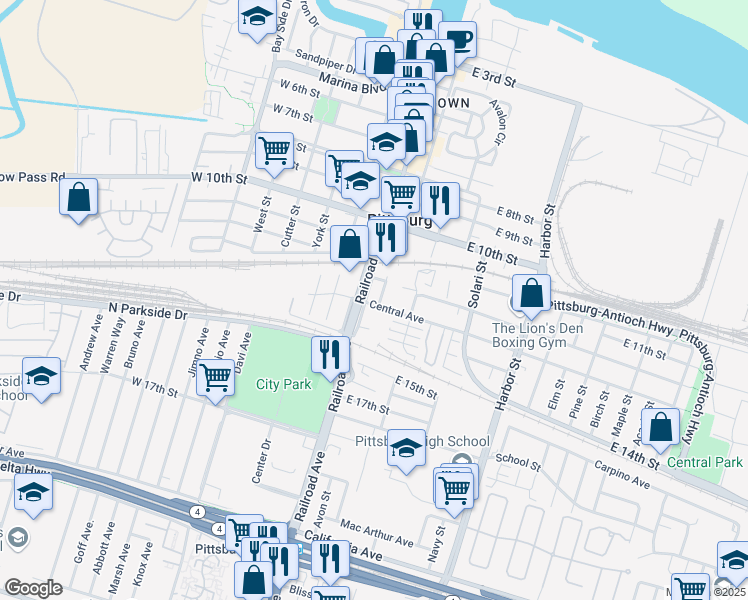 map of restaurants, bars, coffee shops, grocery stores, and more near 301 Central Avenue in Pittsburg