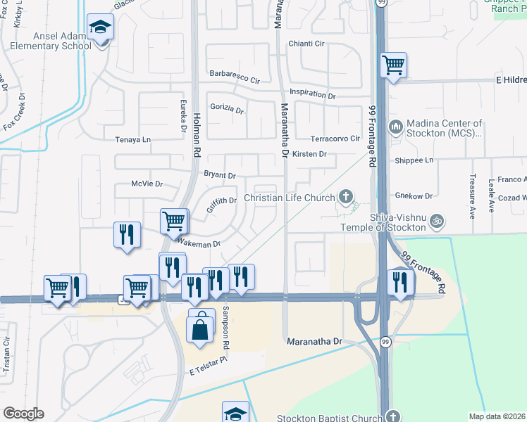 map of restaurants, bars, coffee shops, grocery stores, and more near 8049 Shay Circle in Stockton