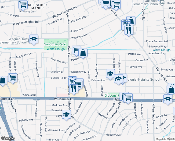 map of restaurants, bars, coffee shops, grocery stores, and more near 2228 Segarini Way in Stockton