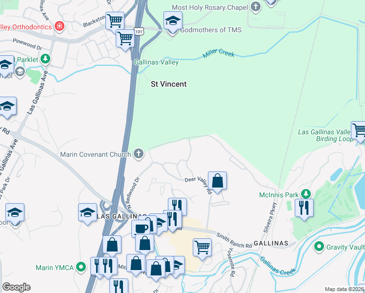 map of restaurants, bars, coffee shops, grocery stores, and more near 767 Deer Valley Road in San Rafael