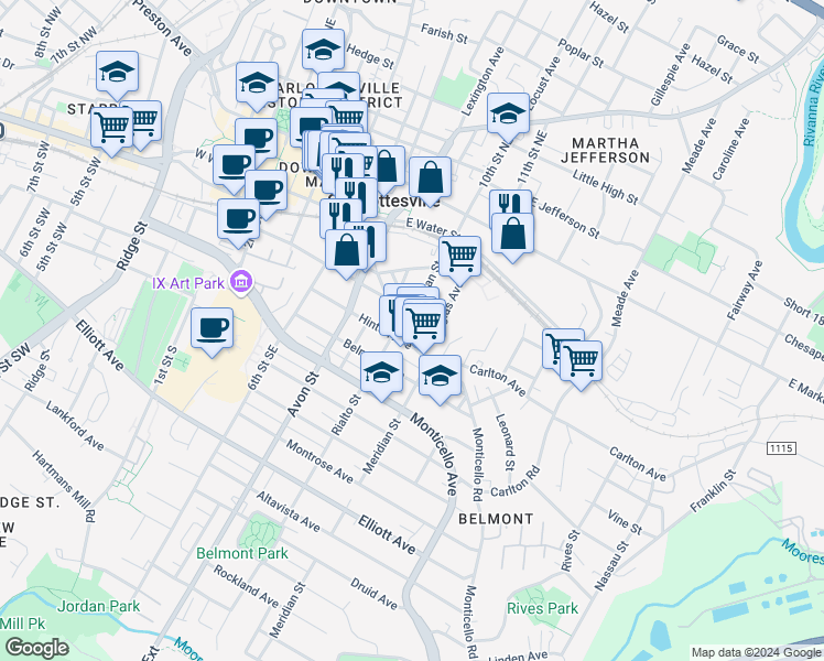 map of restaurants, bars, coffee shops, grocery stores, and more near 100 Monticello Avenue in Charlottesville
