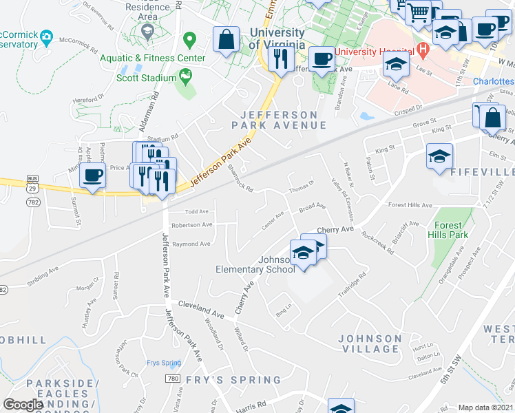 map of restaurants, bars, coffee shops, grocery stores, and more near 110 Stratford Court in Charlottesville