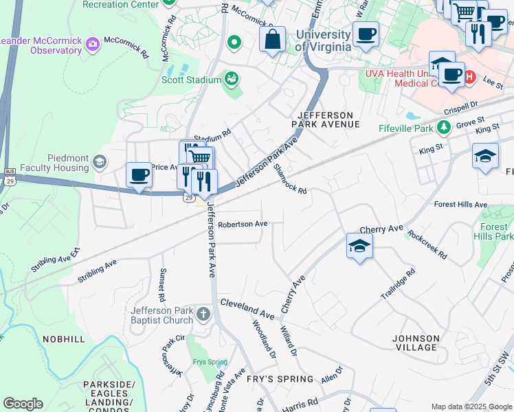 map of restaurants, bars, coffee shops, grocery stores, and more near 2200 Hill Street in Charlottesville