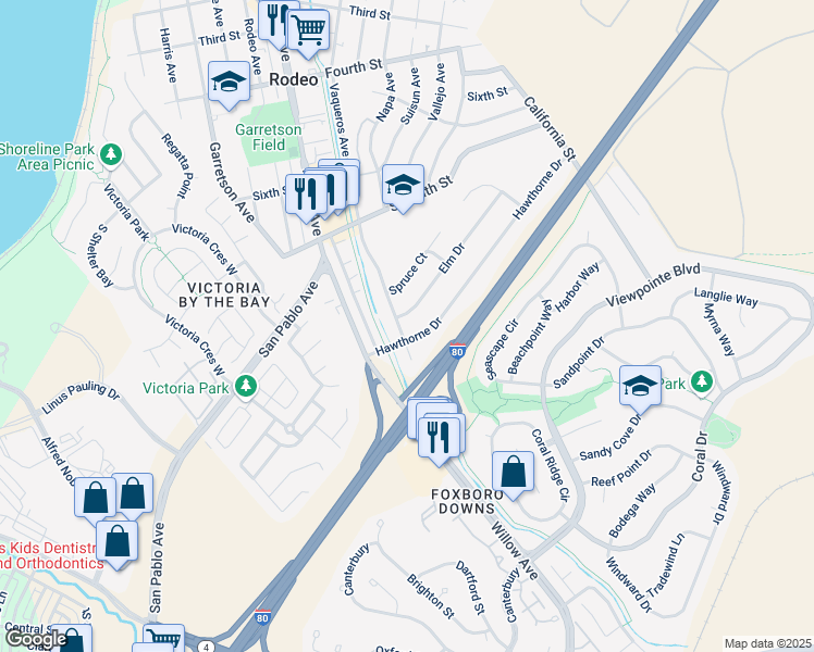 map of restaurants, bars, coffee shops, grocery stores, and more near 829 Vaqueros Avenue in Rodeo