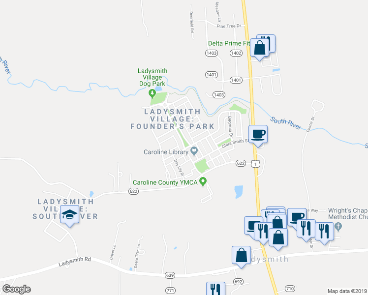 map of restaurants, bars, coffee shops, grocery stores, and more near 17275 Library Boulevard in Ruther Glen
