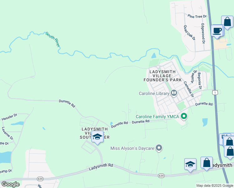 map of restaurants, bars, coffee shops, grocery stores, and more near 6503 Durrette Road in Ruther Glen