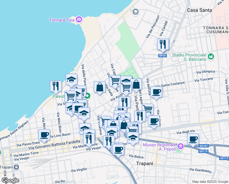 map of restaurants, bars, coffee shops, grocery stores, and more near 139 Via Archi in Trapani
