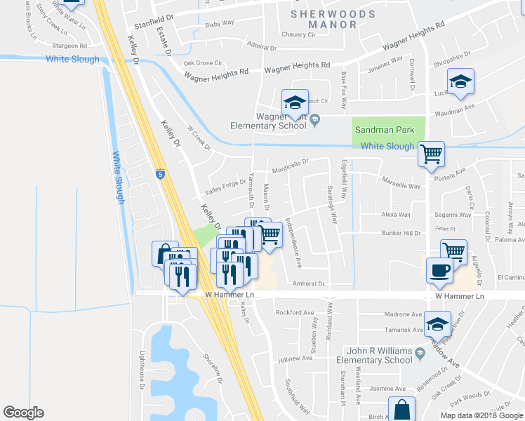 map of restaurants, bars, coffee shops, grocery stores, and more near 8333 Mason Drive in Stockton