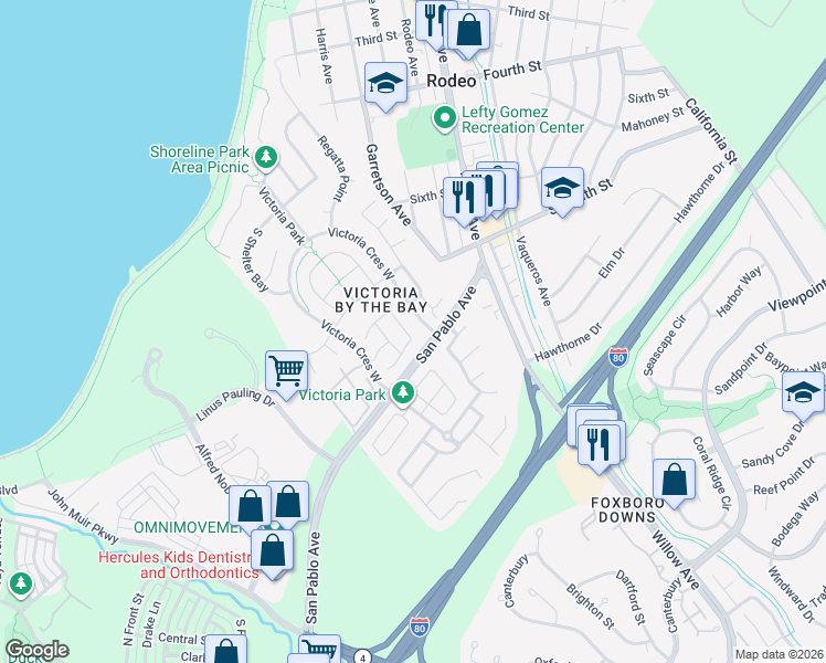 map of restaurants, bars, coffee shops, grocery stores, and more near 1000 Salt Spray Terrace in Hercules