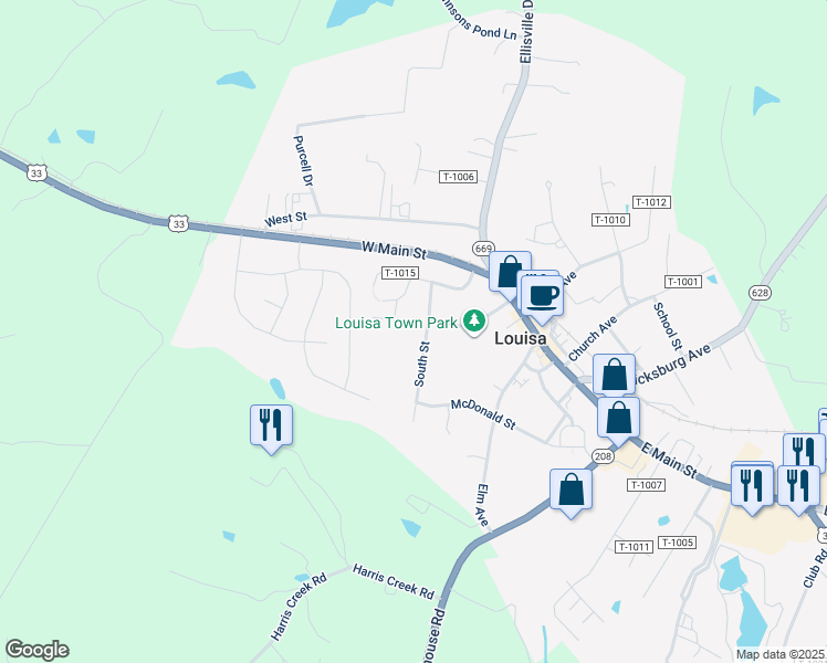 map of restaurants, bars, coffee shops, grocery stores, and more near 126 South Street in Louisa