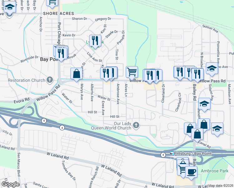 map of restaurants, bars, coffee shops, grocery stores, and more near 66 Ambrose Avenue in Bay Point