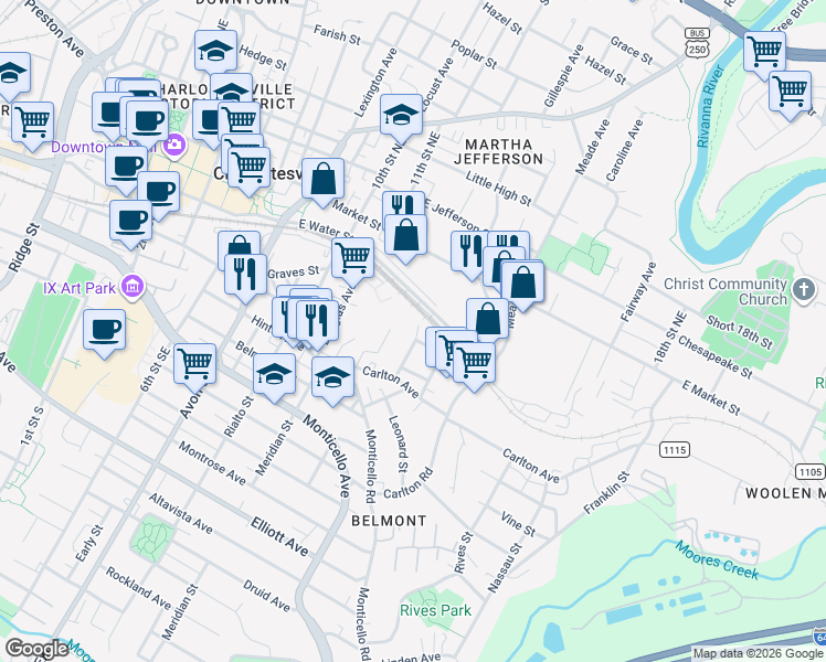 map of restaurants, bars, coffee shops, grocery stores, and more near 1101-1105 Cherry Street in Charlottesville