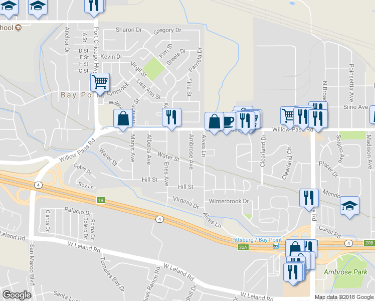 map of restaurants, bars, coffee shops, grocery stores, and more near 66 Ambrose Avenue in Bay Point